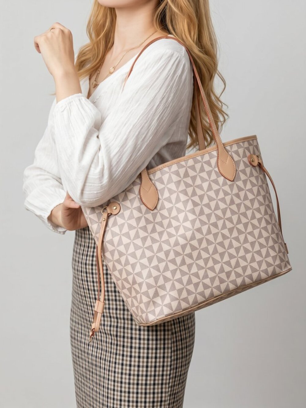 2PC Tote Handbag Set Satchel Shoulder Purse Crossbody Wallet Beige Chic
